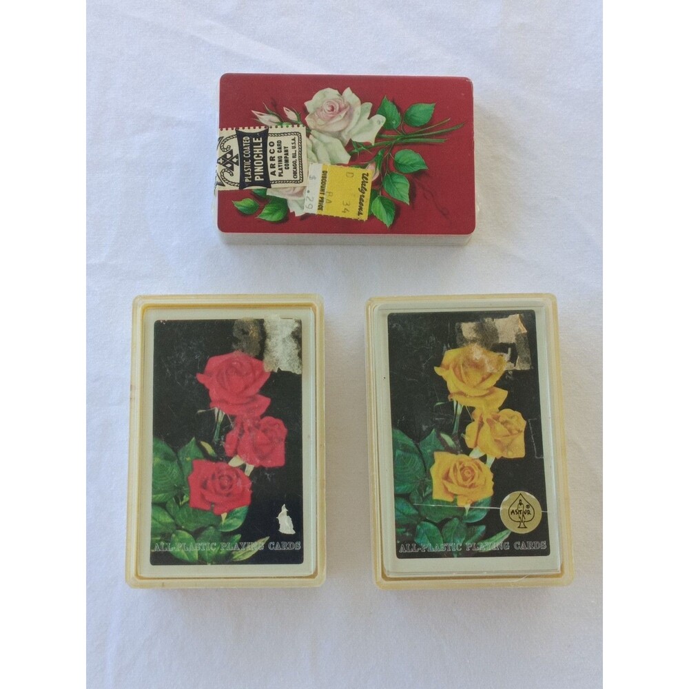 Lot of 3 Vintage Floral Rose Playing Cards Decks (Red + Yellow + Arrco Pinochle)